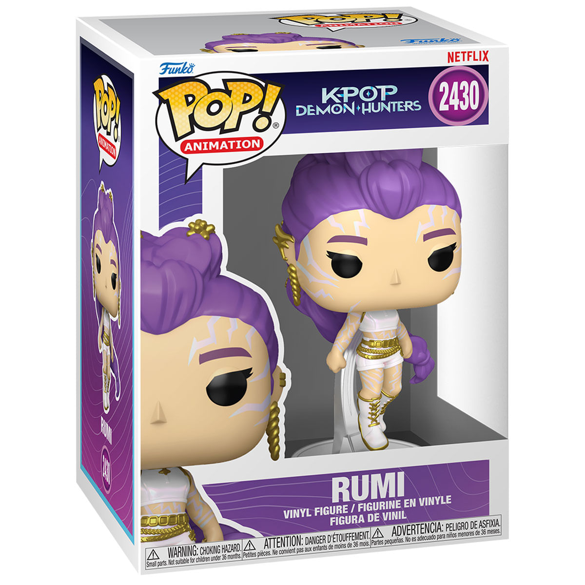 Figura de vinilo Funko Pop! de Rumi de K-Pop Demon Hunters, pelo morado, traje blanco.