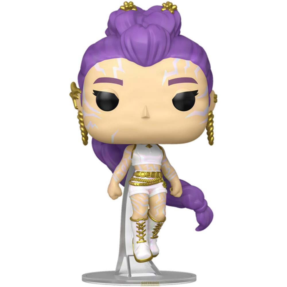 Figura Funko Pop morada con marcas de rayo, vestida de blanco.