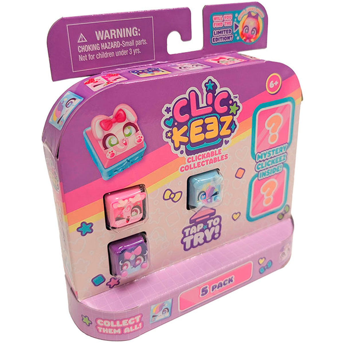 Caja morada con coleccionables Clickeez, tres visibles, paquete de 5.
