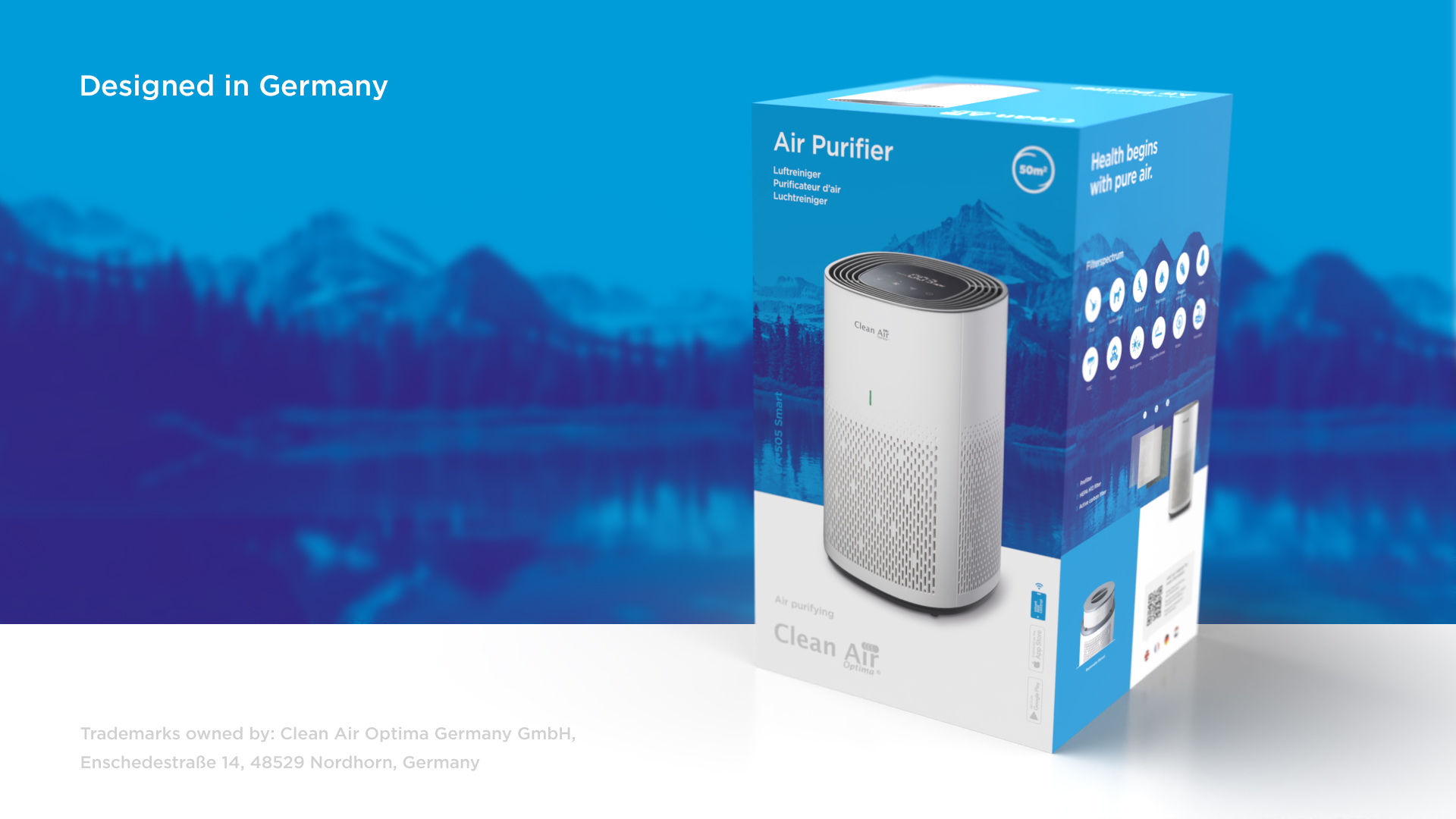 Ein weißer Luftreiniger auf einer blauen Berglandschaft mit dem Logo 'Clean Air Optima'.