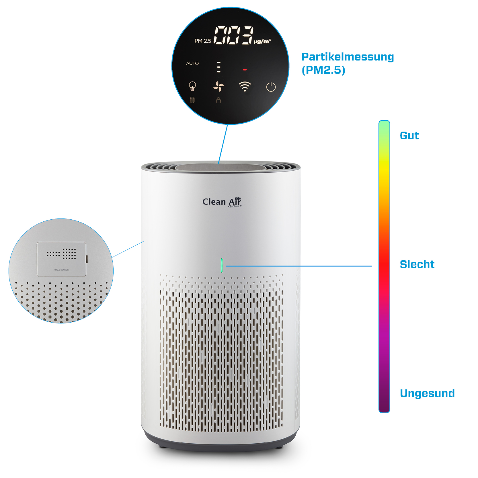 A white air purifier with a PM2.5 display and a color spectrum indicator.