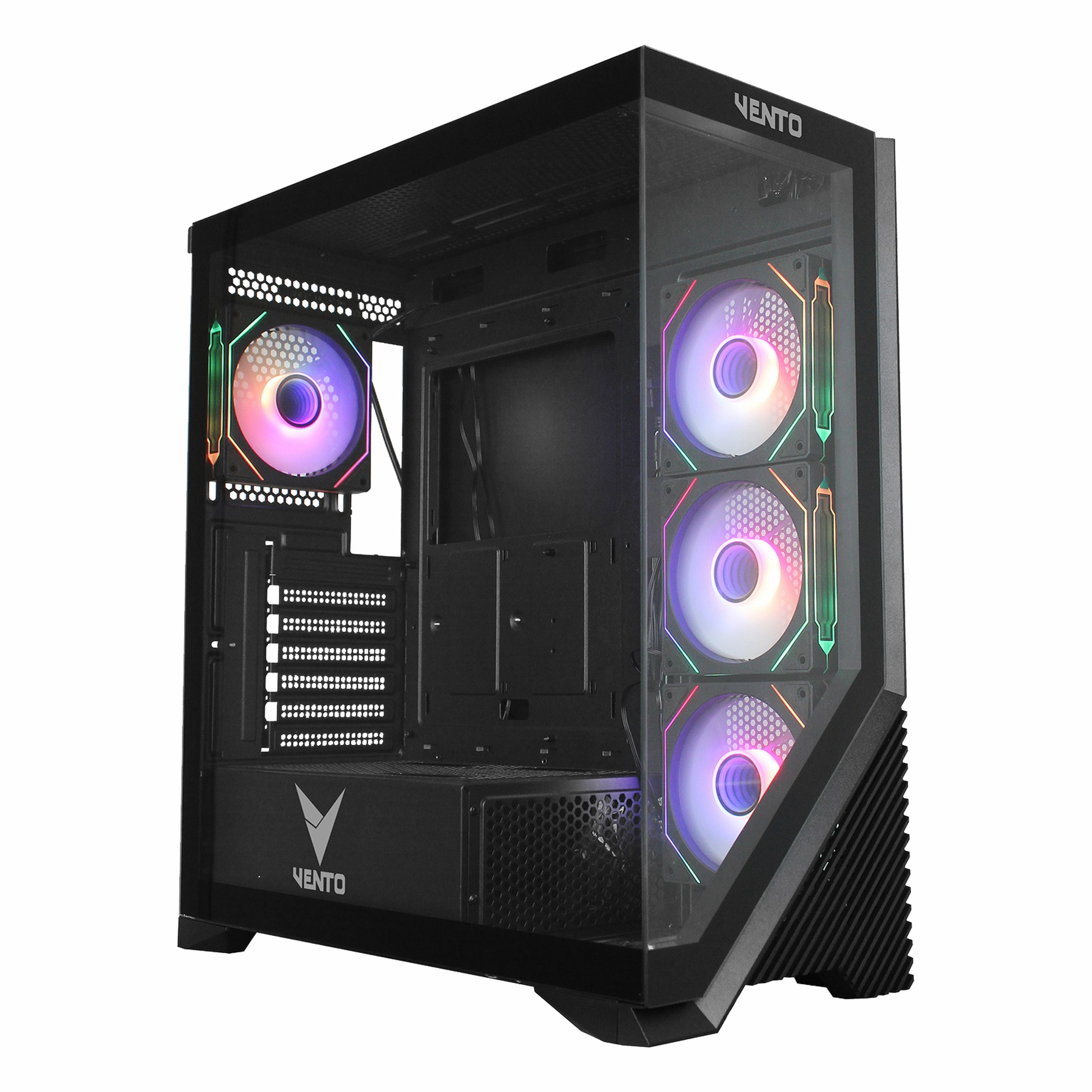 RGB fanlı ve şeffaf yan panelli siyah bilgisayar kasası.