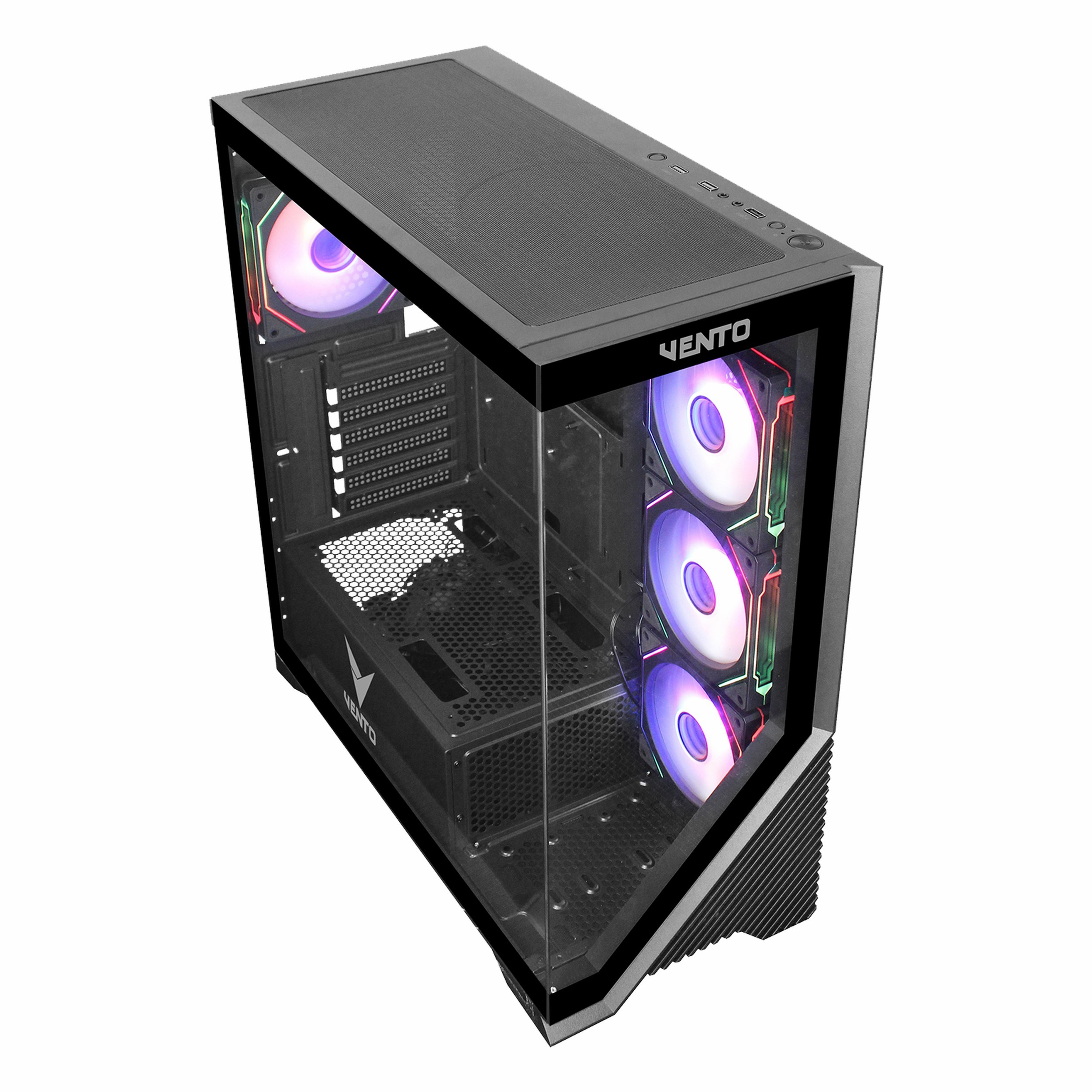 Cam ön ve RGB fanlara sahip siyah bilgisayar kasası.