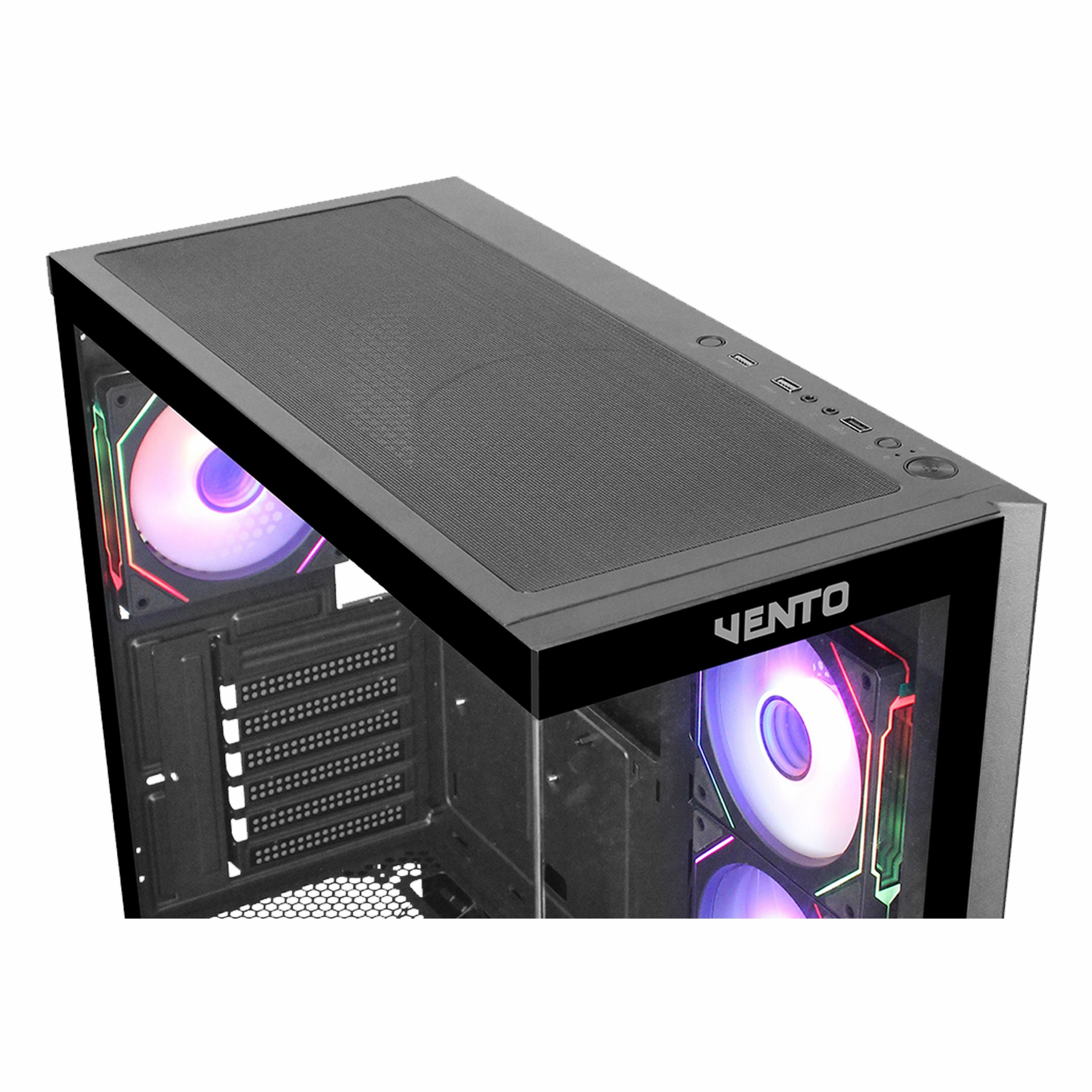 Arkadan aydınlatmalı fanları ve cam yan paneli olan siyah VENTO PC kasası.