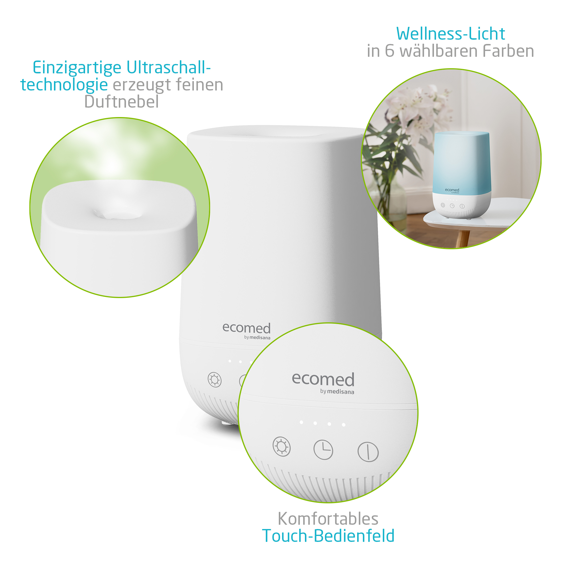 Ein weißer Diffusor mit Wellness-Licht und Ultraschalltechnologie.