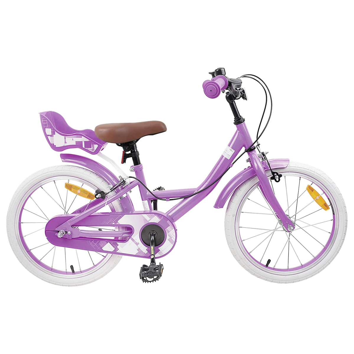 Lila Kinderfahrrad mit weißen Reifen, braunem Sattel und Kindersitz.