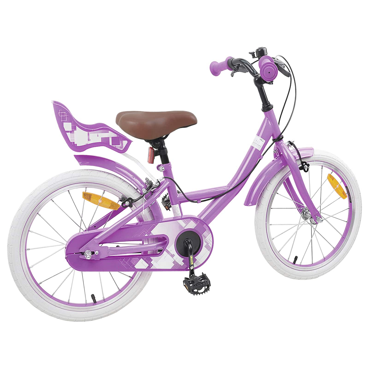 Lila Kinderfahrrad mit braunem Sattel, weißen Reifen und Rückspiegel.