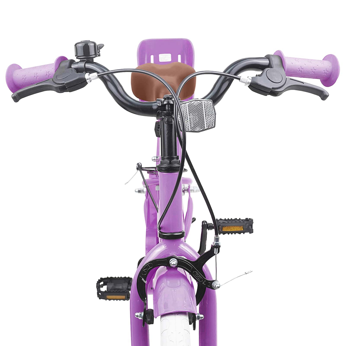 Lila Fahrradlenker mit braunem Sattel, Klingel und Reflektor. Weiße Reifen.