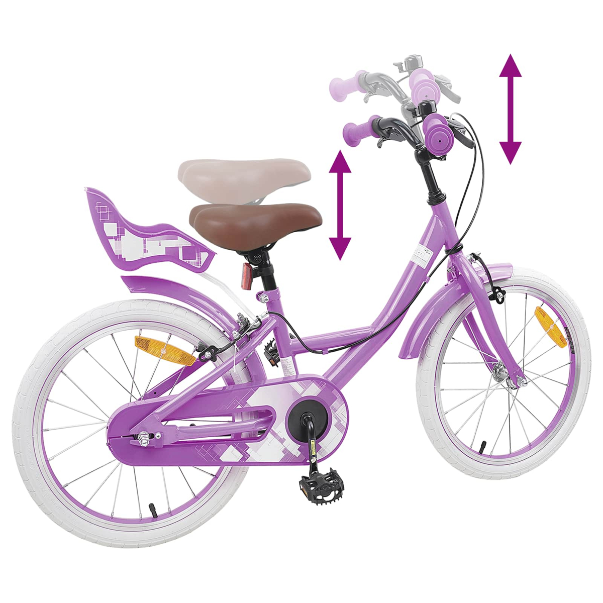 Lila Kinderfahrrad mit verstellbarem Sattel und Lenker auf weißem Hintergrund.