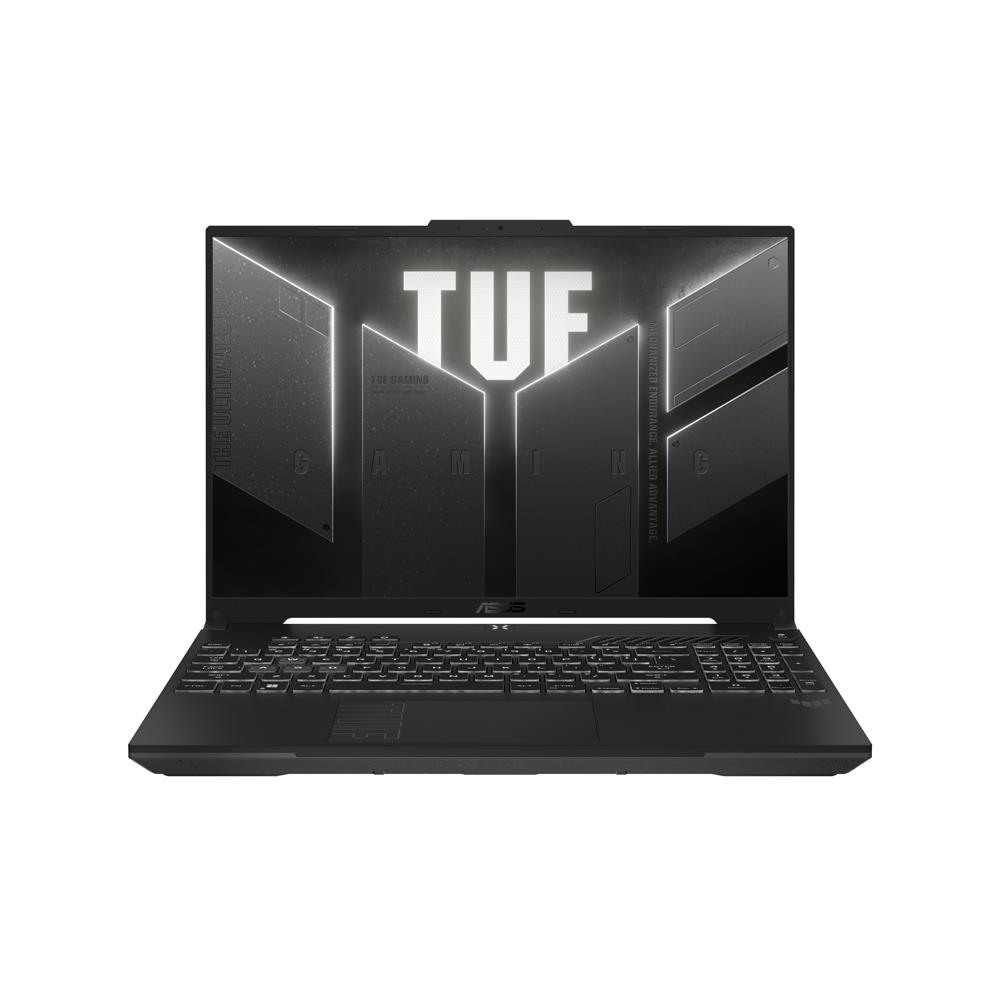Ekranında TUF Gaming logosu ve aydınlatmalı klavyesi olan siyah dizüstü bilgisayar.