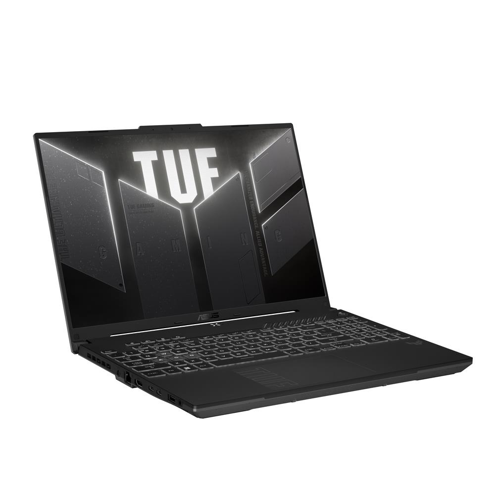 Açık ekranında TUF Gaming logosunu gösteren siyah bir dizüstü bilgisayar.