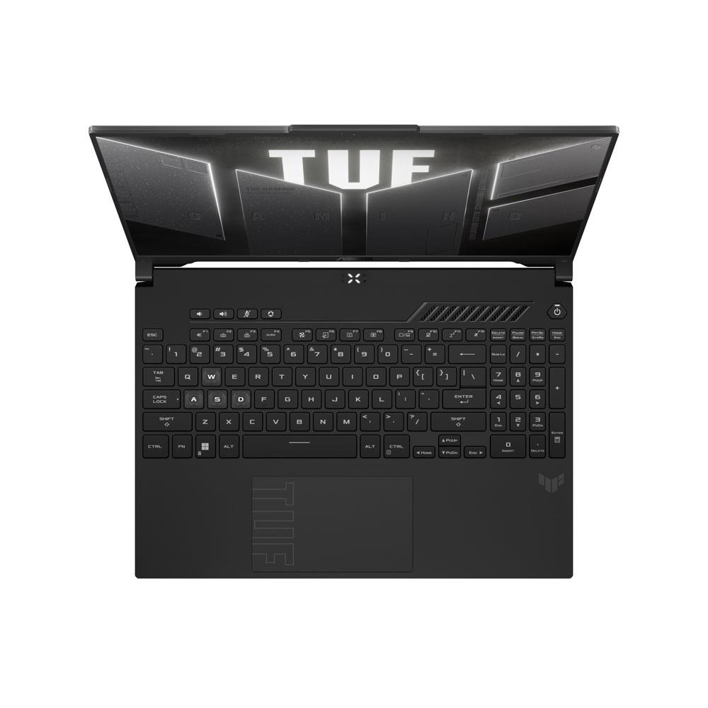 Ekranında 'TUF' logosu ve arkadan aydınlatmalı klavyesi olan açık siyah bir dizüstü bilgisayar.
