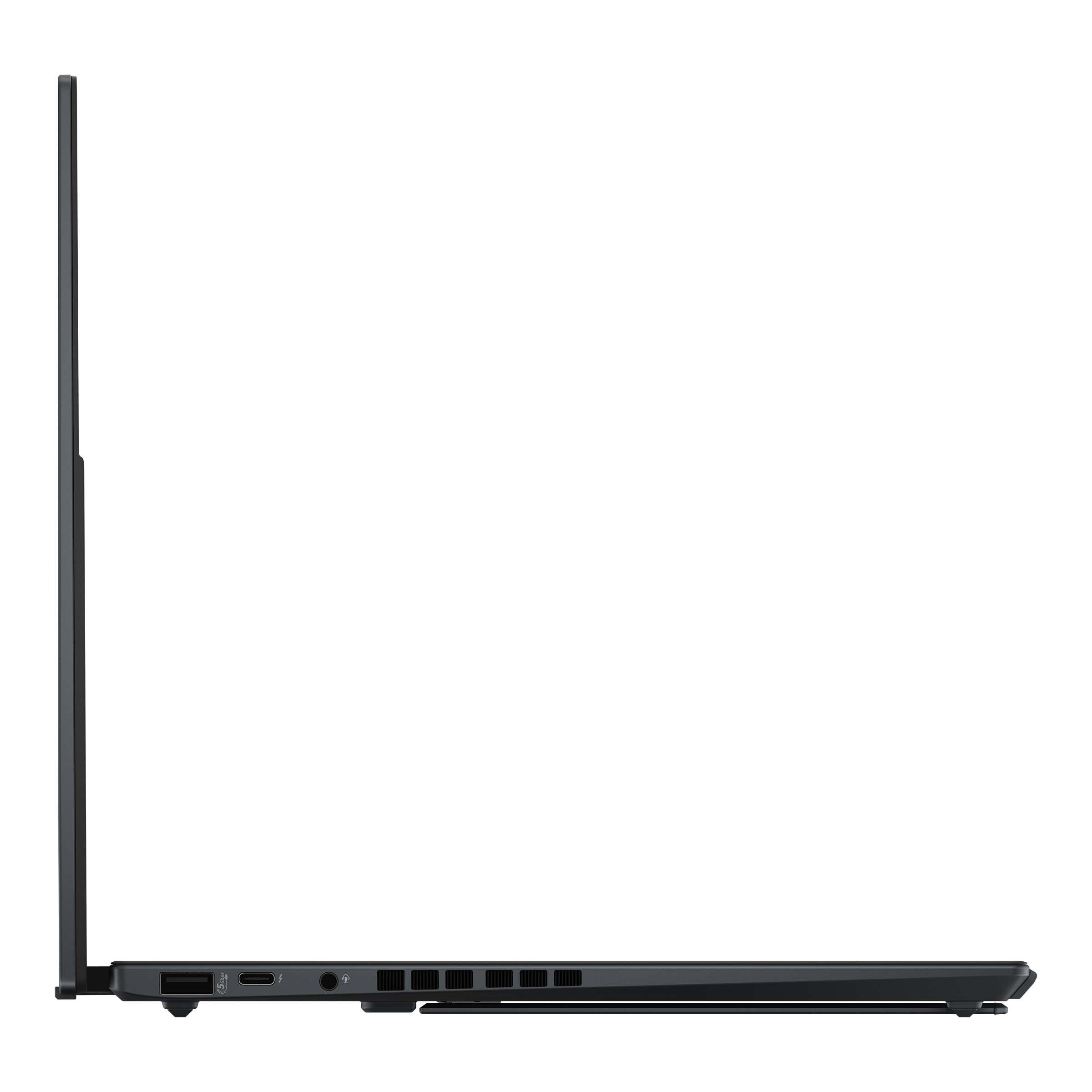 USB ve Thunderbolt bağlantı noktalarına sahip siyah dizüstü bilgisayar yan görünüm.