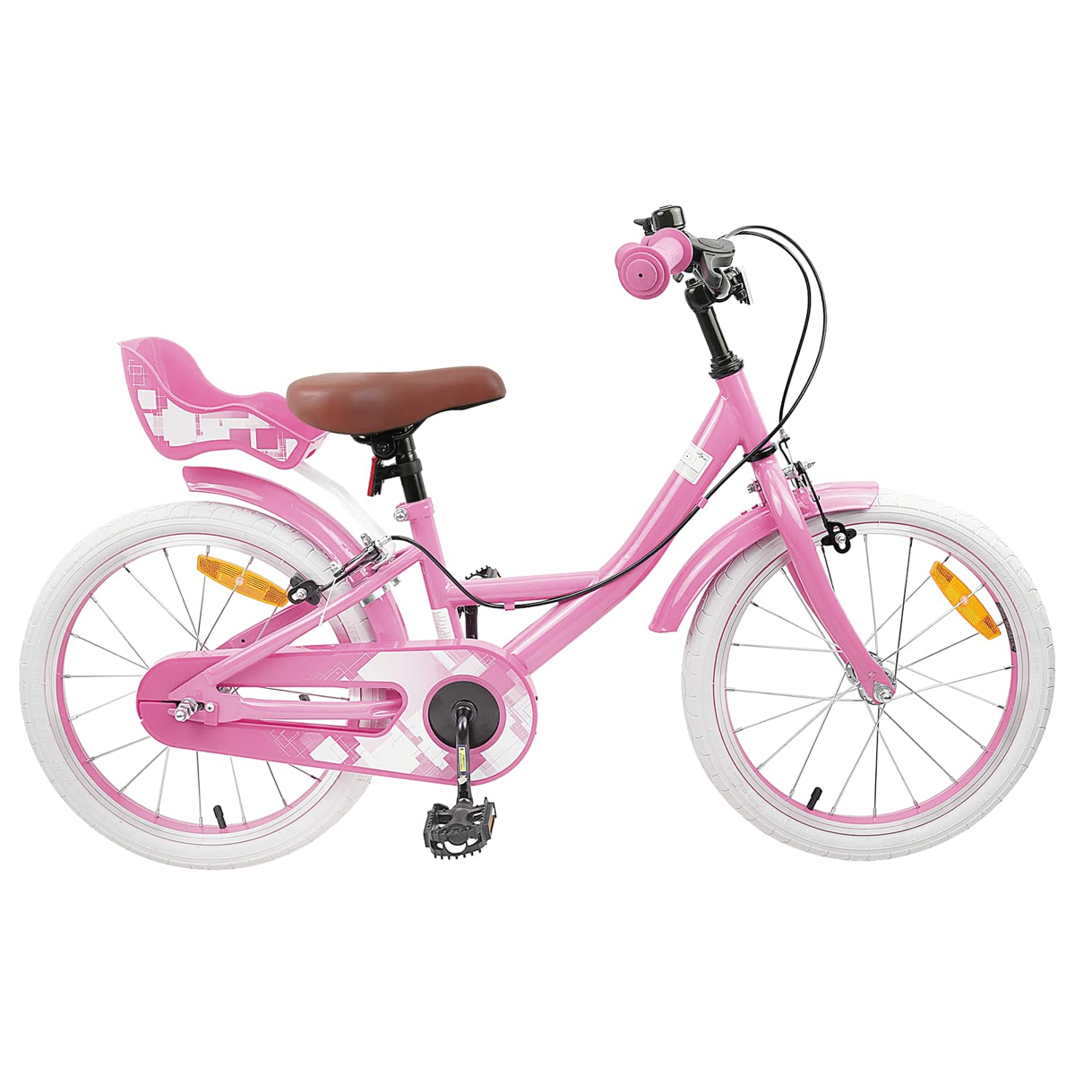 Ein pinkes Kinderfahrrad mit weißer Felge, braunem Sattel und Kindersitz.