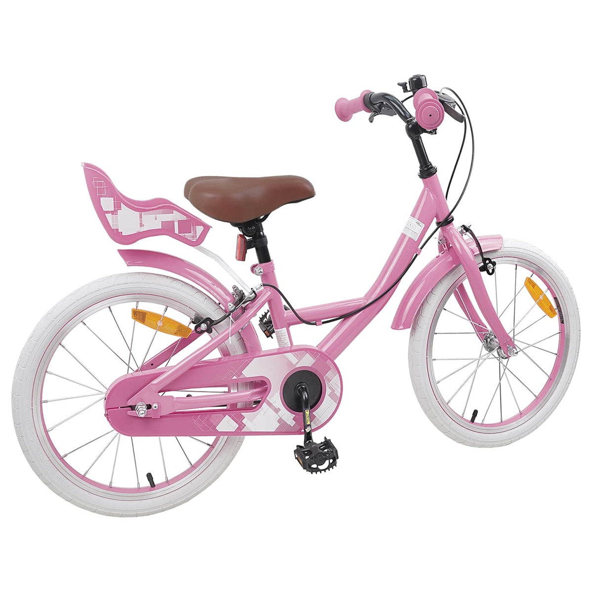Ein pinkes Kinderfahrrad mit weißen Reifen, braunem Sattel und Puppensitz.