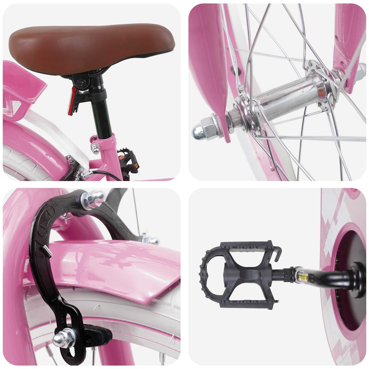 Nahaufnahme eines rosa Fahrrads mit braunem Sattel, Vorderradnabe, Bremse und Pedal.