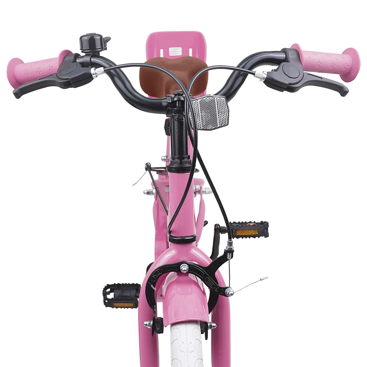 Rosa Kinderfahrrad mit braunem Sattel, Lenker, Klingel und Pedalen.