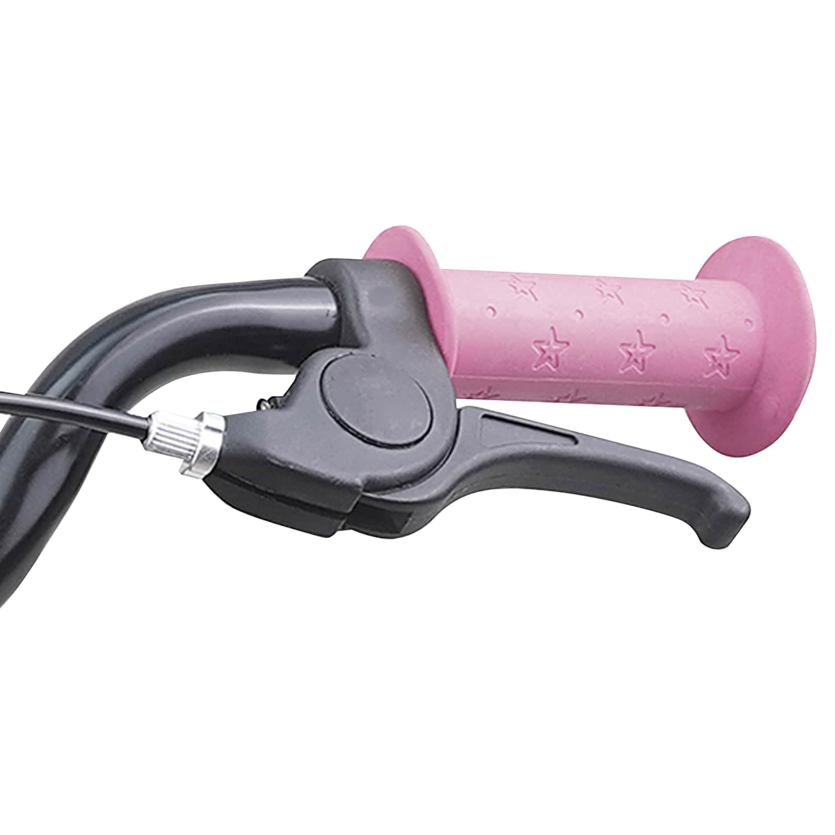 Ein pinker Lenkergriff mit Sternen und ein schwarzer Bremshebel.