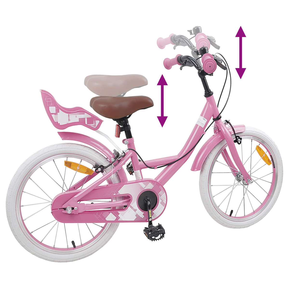 Ein rosa Kinderfahrrad mit weißen Felgen und lila Pfeilen, die die Höhenverstellung anzeigen.