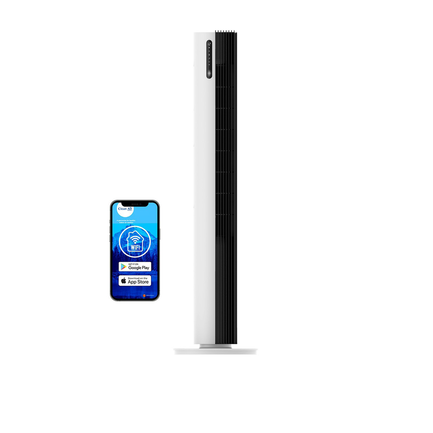 Een slanke torenventilator naast een smartphone met een app die WiFi-connectiviteit toont.