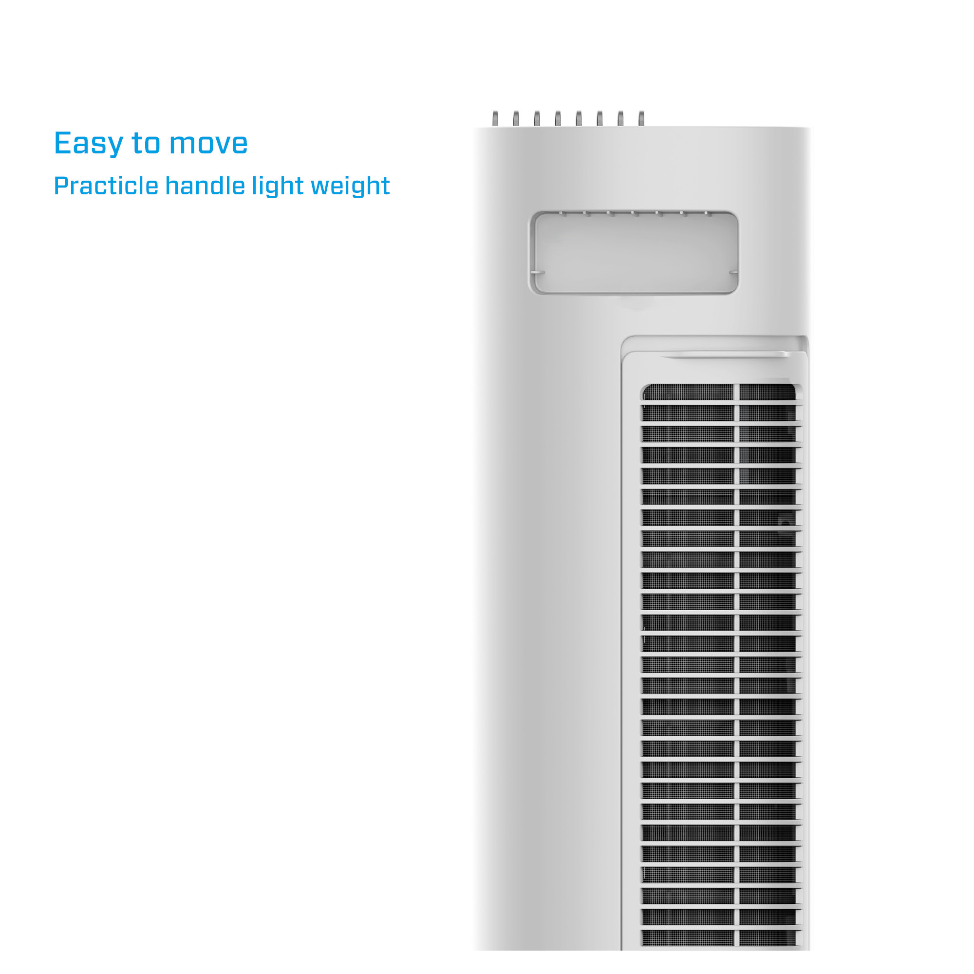 Witte ventilatieroosters op een torenventilator met tekst.