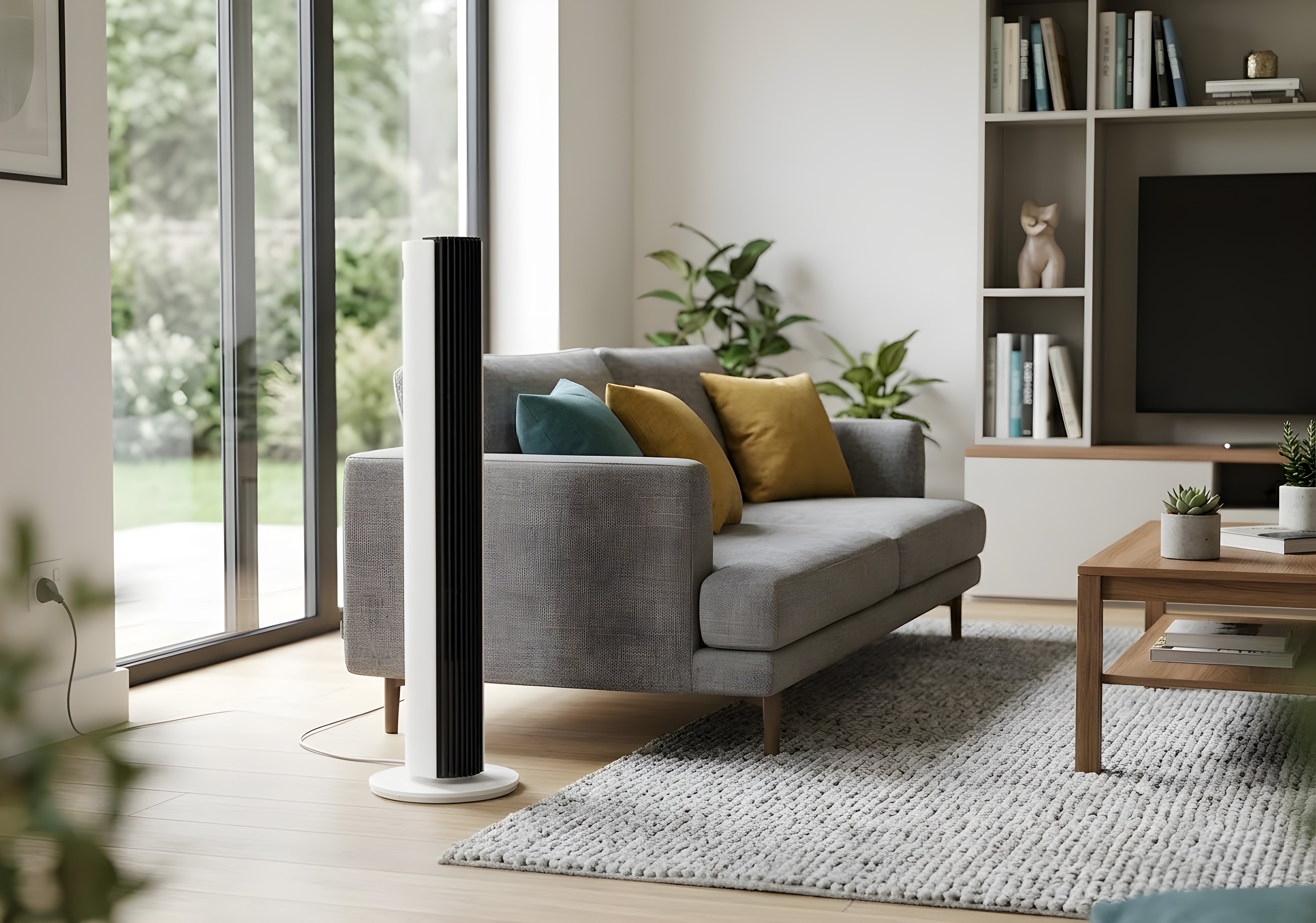 Een moderne woonkamer met grijze bank, hoge ventilator en salontafel. Uitzicht raam.