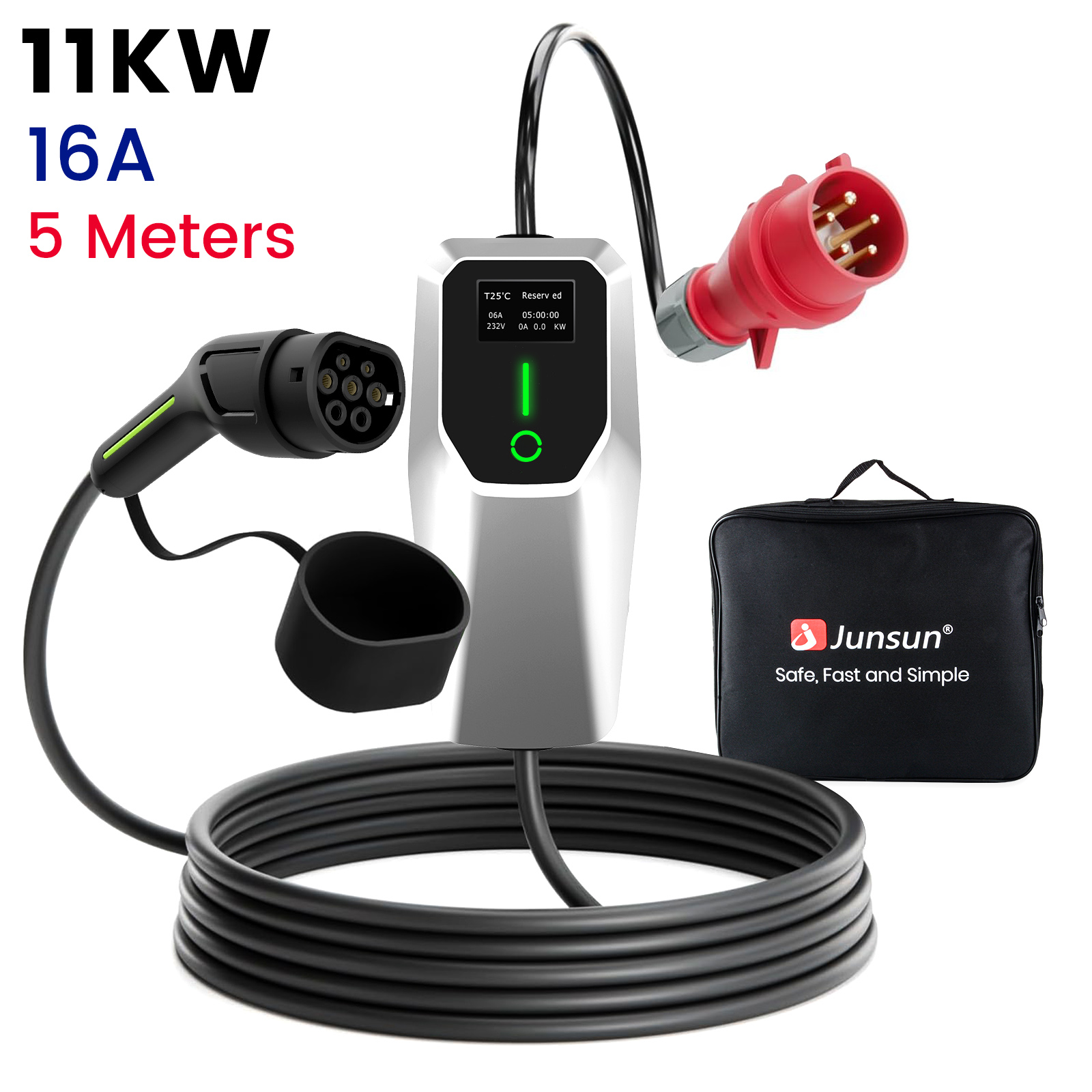 11KW 16A Ladekabel mit Schutzkappe, rotem Stecker und Tasche.