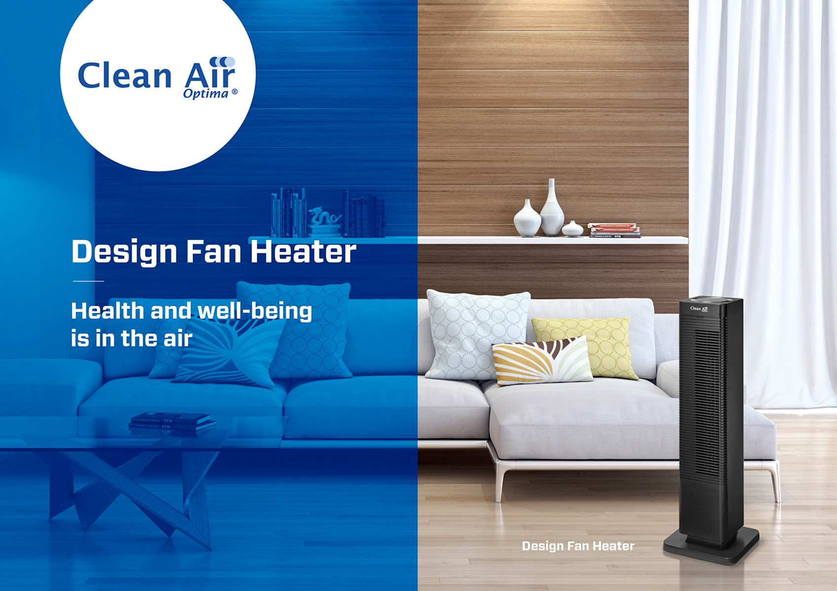 Een zwarte torenventilator staat naast een bank met kussens voor een houten wand.