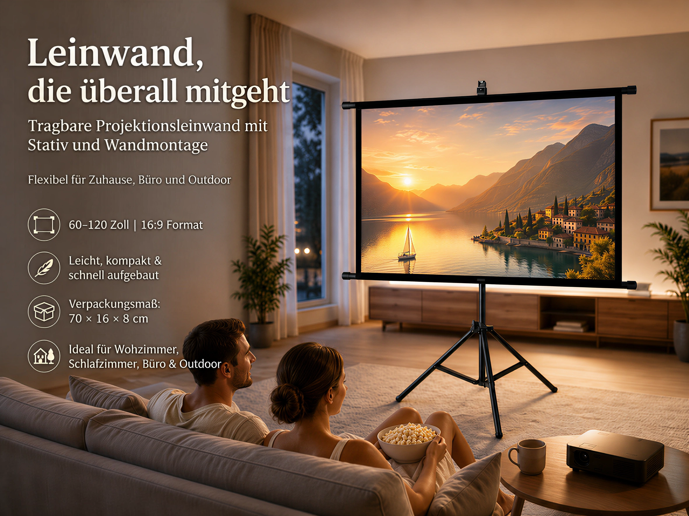 Ein Paar schaut auf eine Leinwand, die ein Sonnenuntergangs-Seelandschaft zeigt.