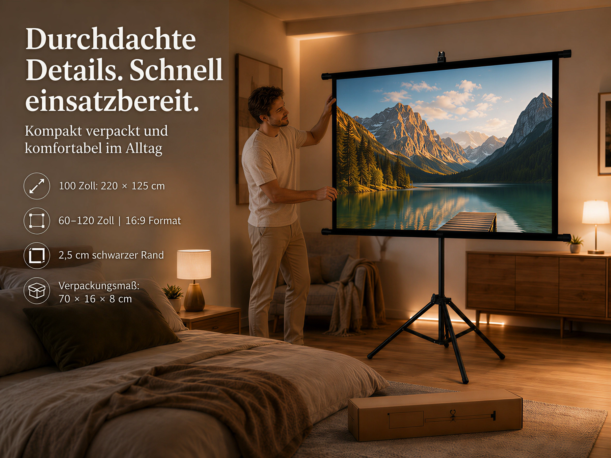 Mann richtet Projektionsleinwand mit Bergsee-Szene ein. Bett im Vordergrund.