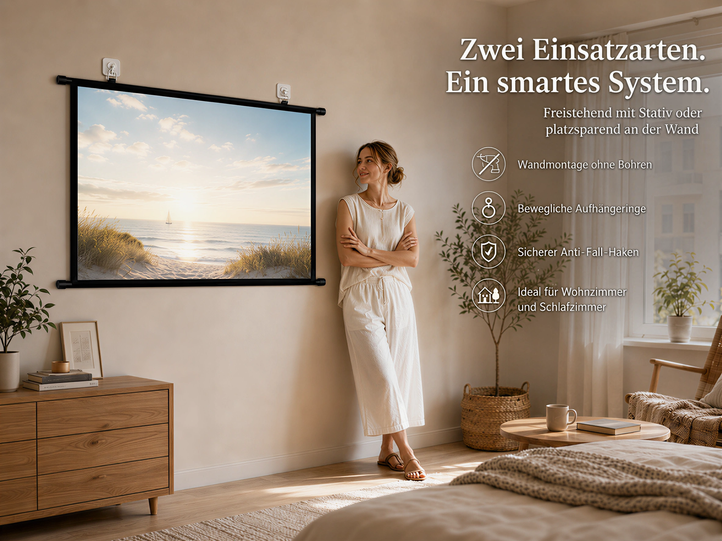 Eine Frau lehnt an einer Wand neben einem Projektionsbildschirm mit Strandmotiv. Ein Beistelltisch steht davor.