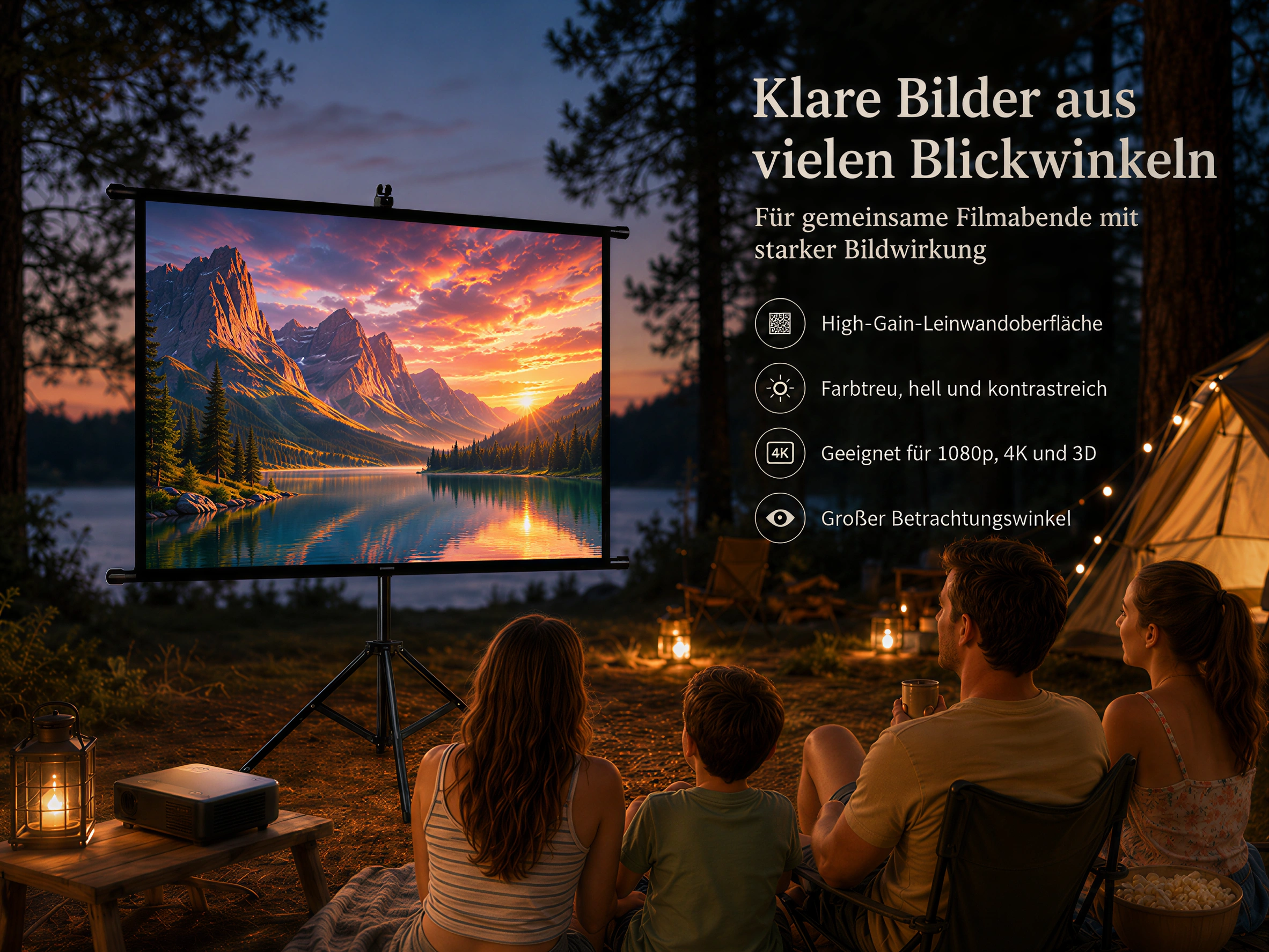 Familie schaut Film im Freien bei Nacht. Projektor, Leinwand, Zelt, Lichter.