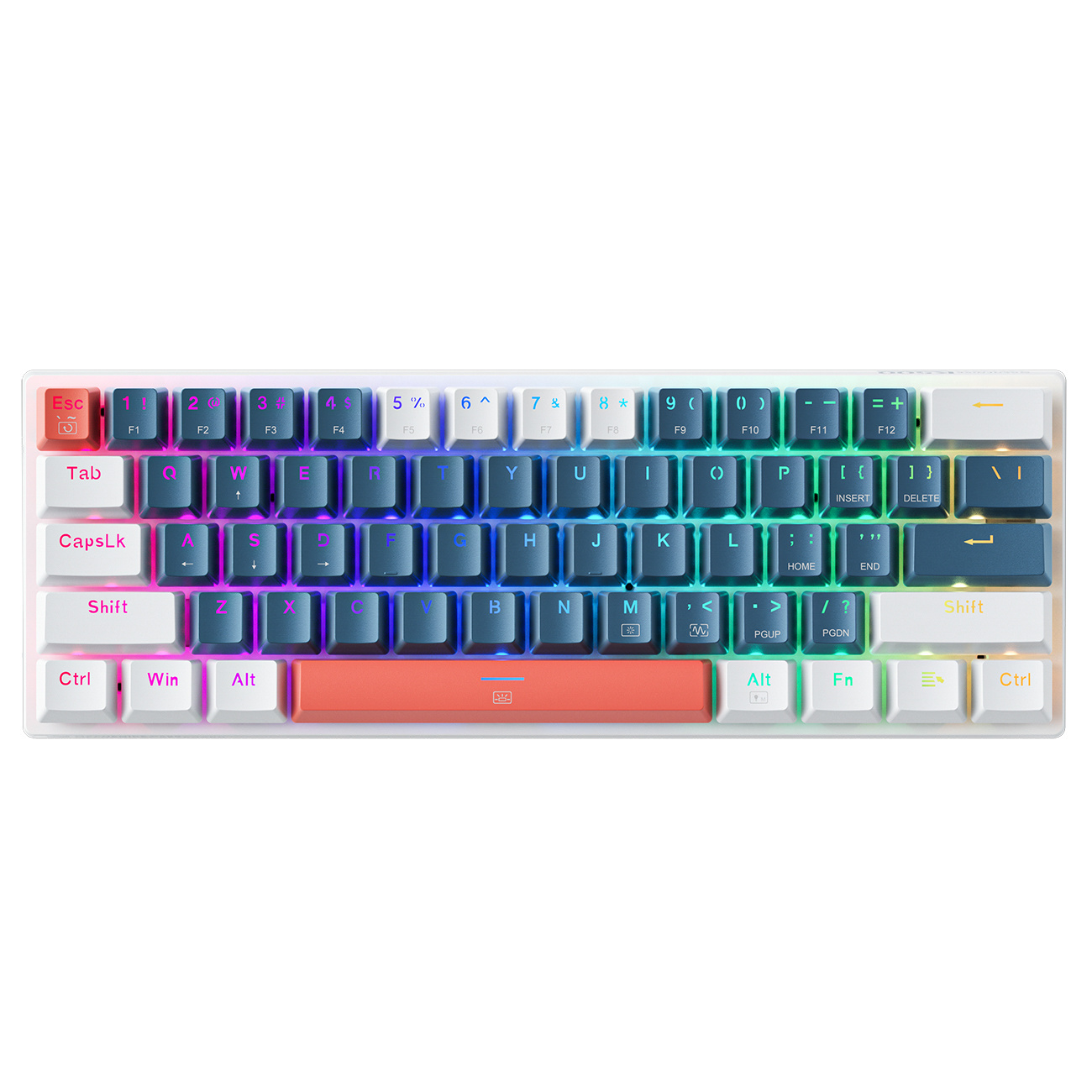 Kompaktowa klawiatura mechaniczna z podświetleniem RGB i kolorowymi klawiszami.