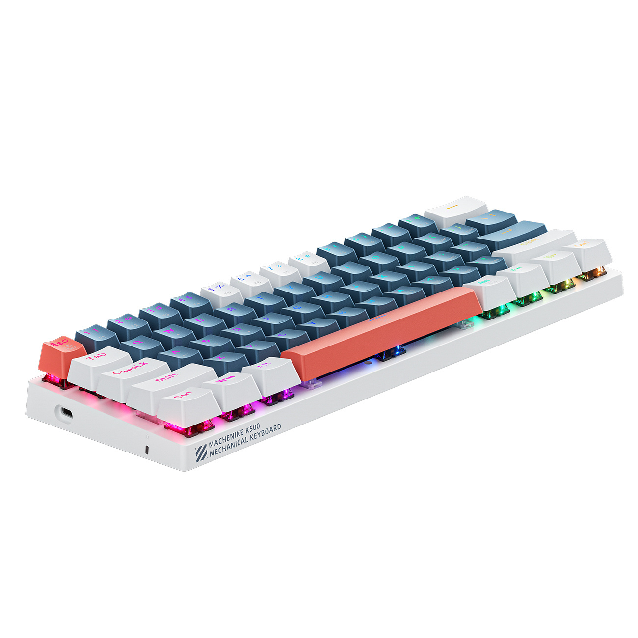 Kompaktowa biała klawiatura z niebieskimi, białymi i czerwonymi klawiszami. Oświetlenie RGB.