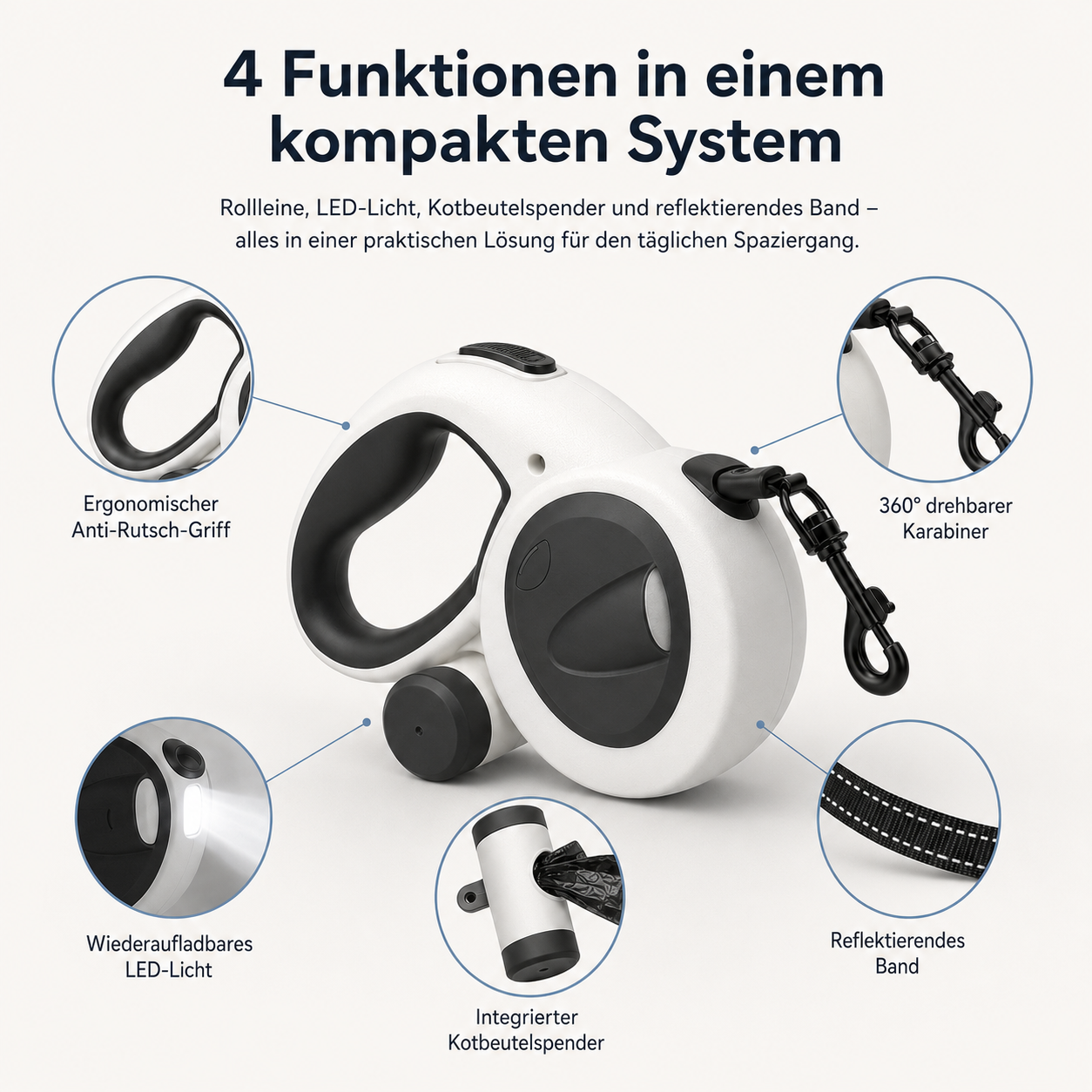 Weiße Rollleine mit Griff, LED, Kotbeutelspender, Karabiner und reflektierendem Band.