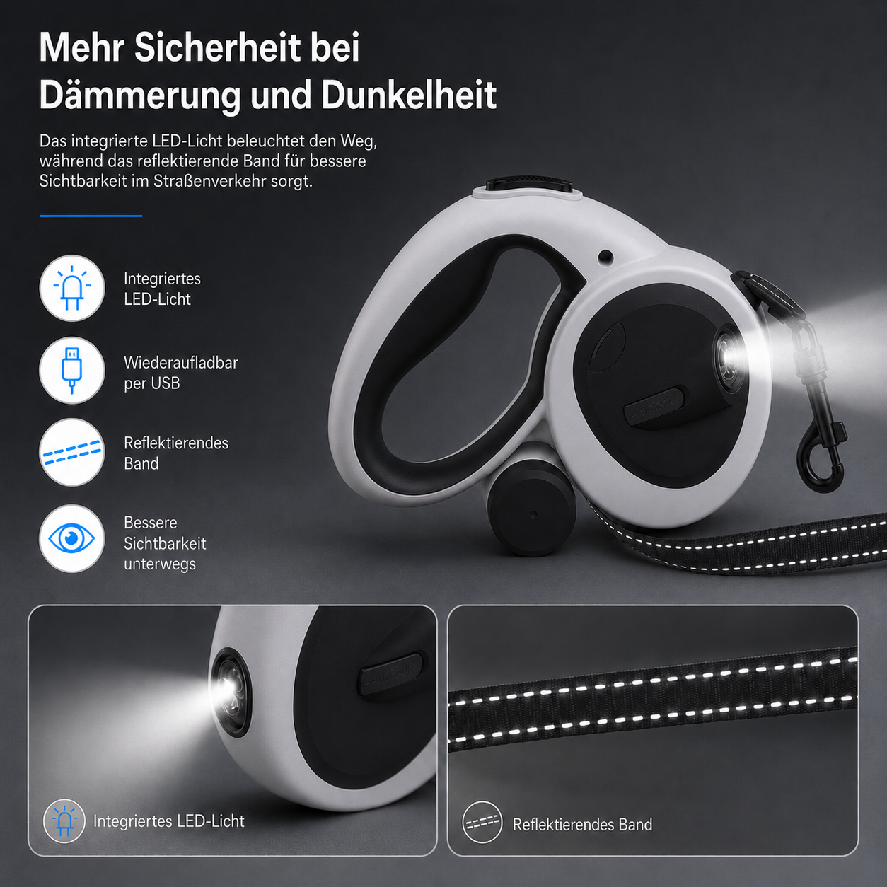 Ein weißer Hunde-Roll-Leinen mit integriertem LED-Licht und reflektierendem Band.