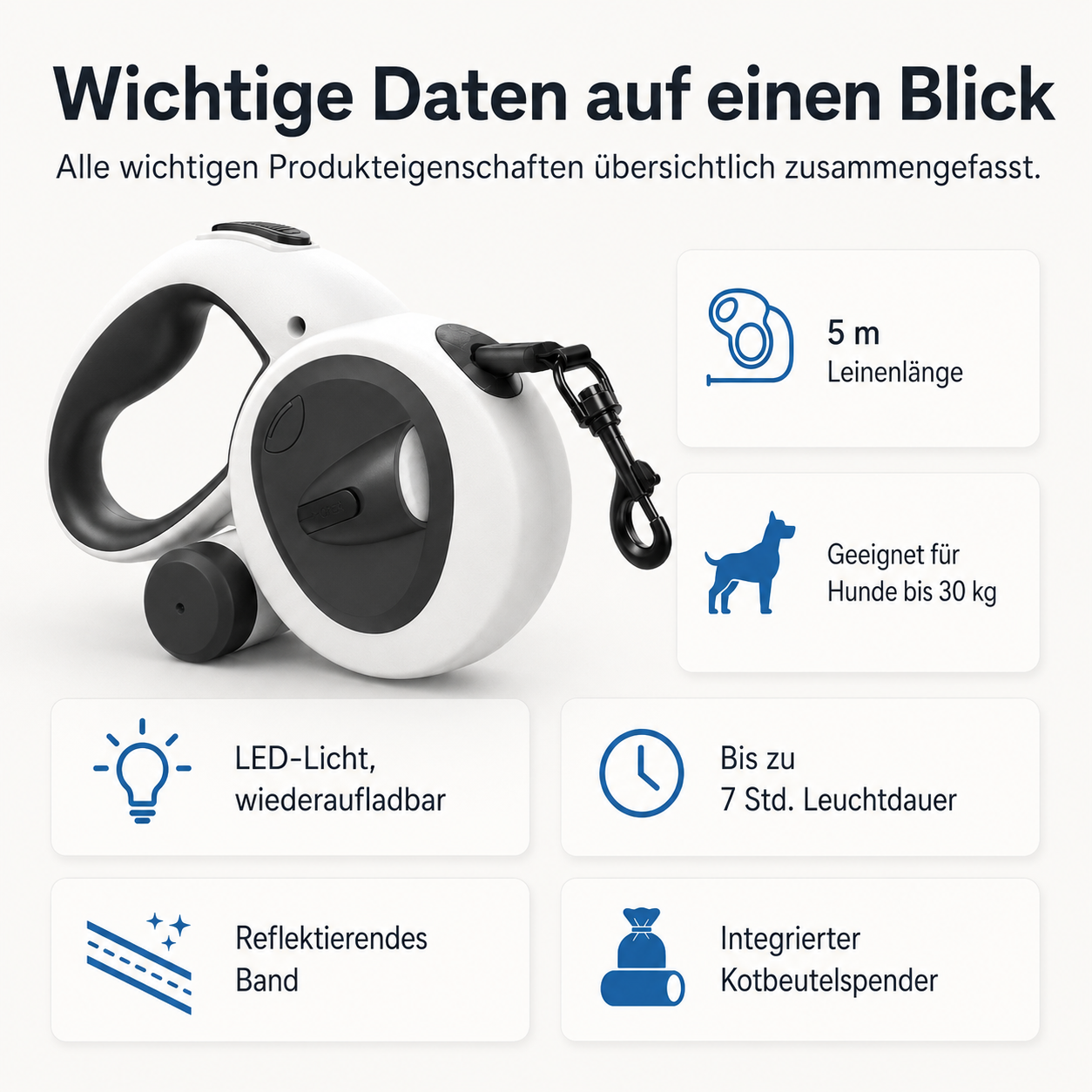 Ein weißes Hundeleinen-Retraktor mit schwarzen Akzenten und Features.