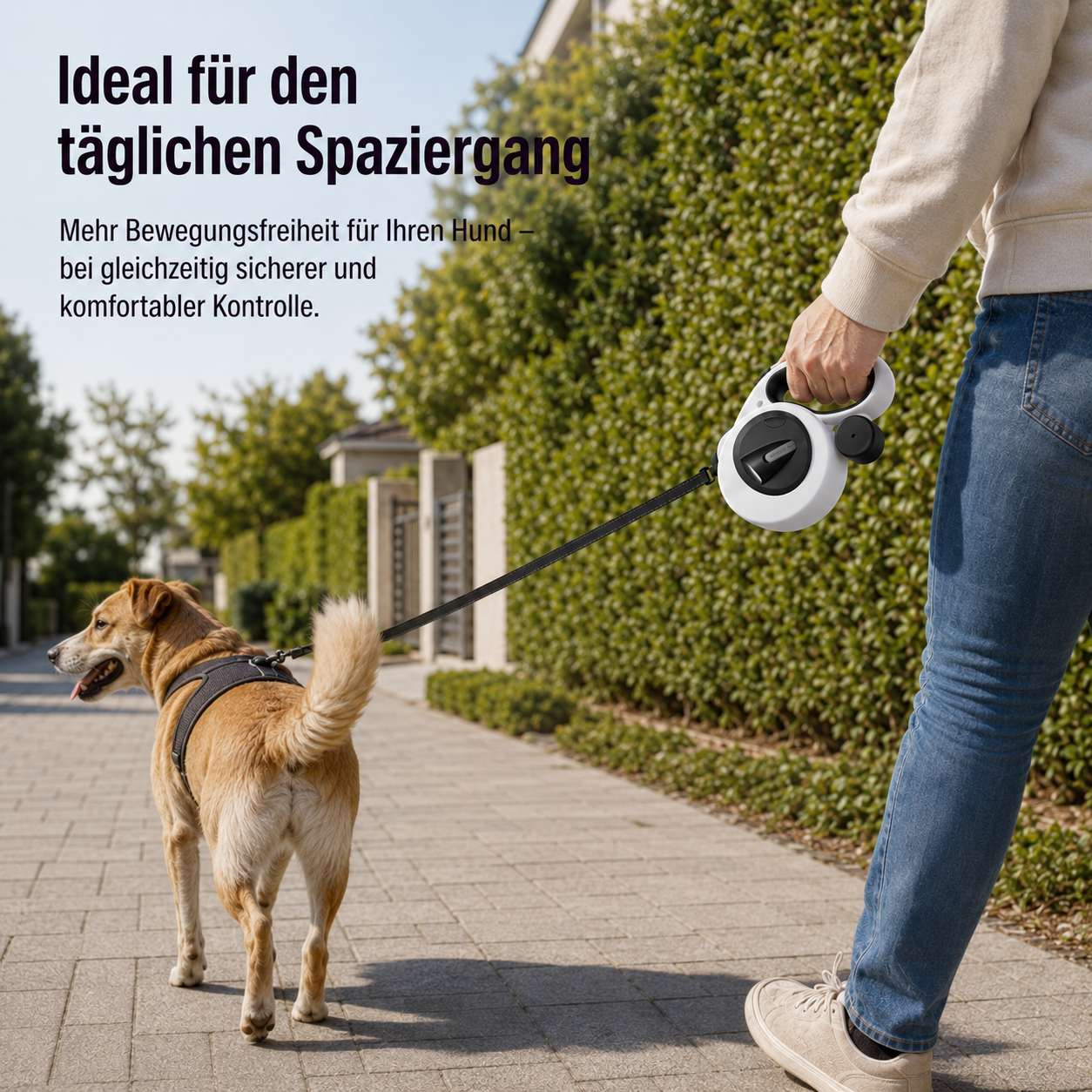 Ein Hund mit Geschirr und Leine geht auf einem Gehweg, gehalten von einer Person.