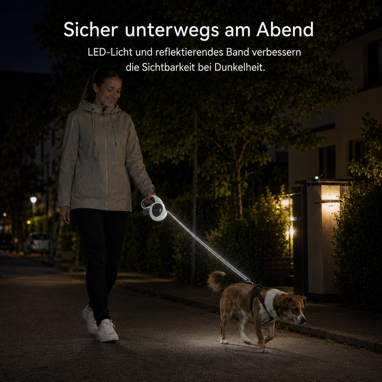 Eine Frau geht mit einem Hund bei Nacht spazieren, die Leine leuchtet.