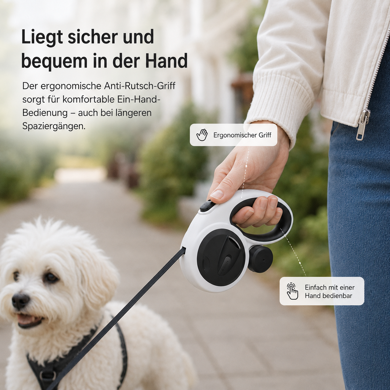 Eine Hand hält einen weißen Hundeleinen-Griff. Ein kleiner weißer Hund ist zu sehen.