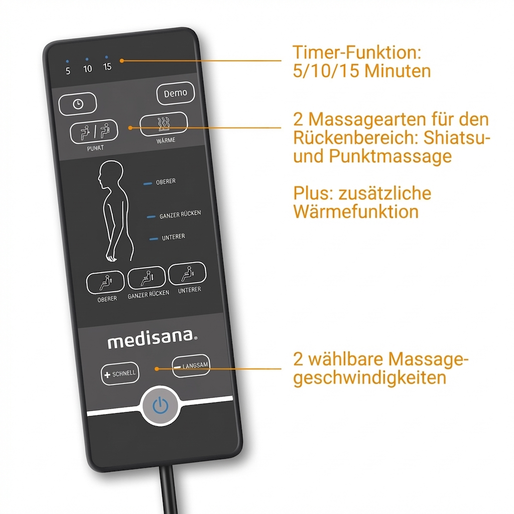 Panneau de commande d'un coussin de massage avec minuterie, modes de massage, fonction de chaleur et sélection de vitesse.