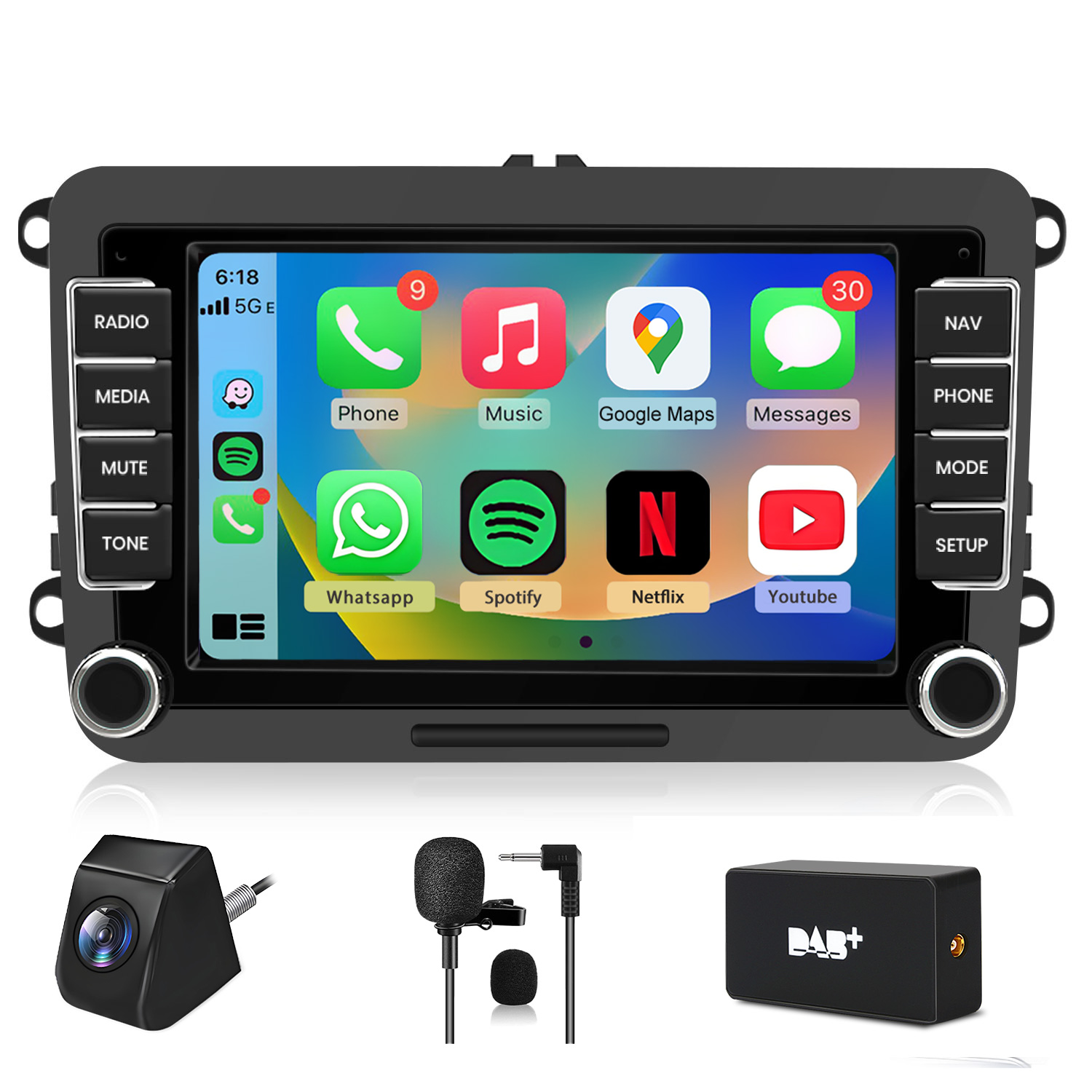 Ein schwarzes Autoradio mit Touchscreen zeigt App-Symbole wie Telefon, Musik, Karten, Nachrichten, Spotify, Netflix, YouTube.