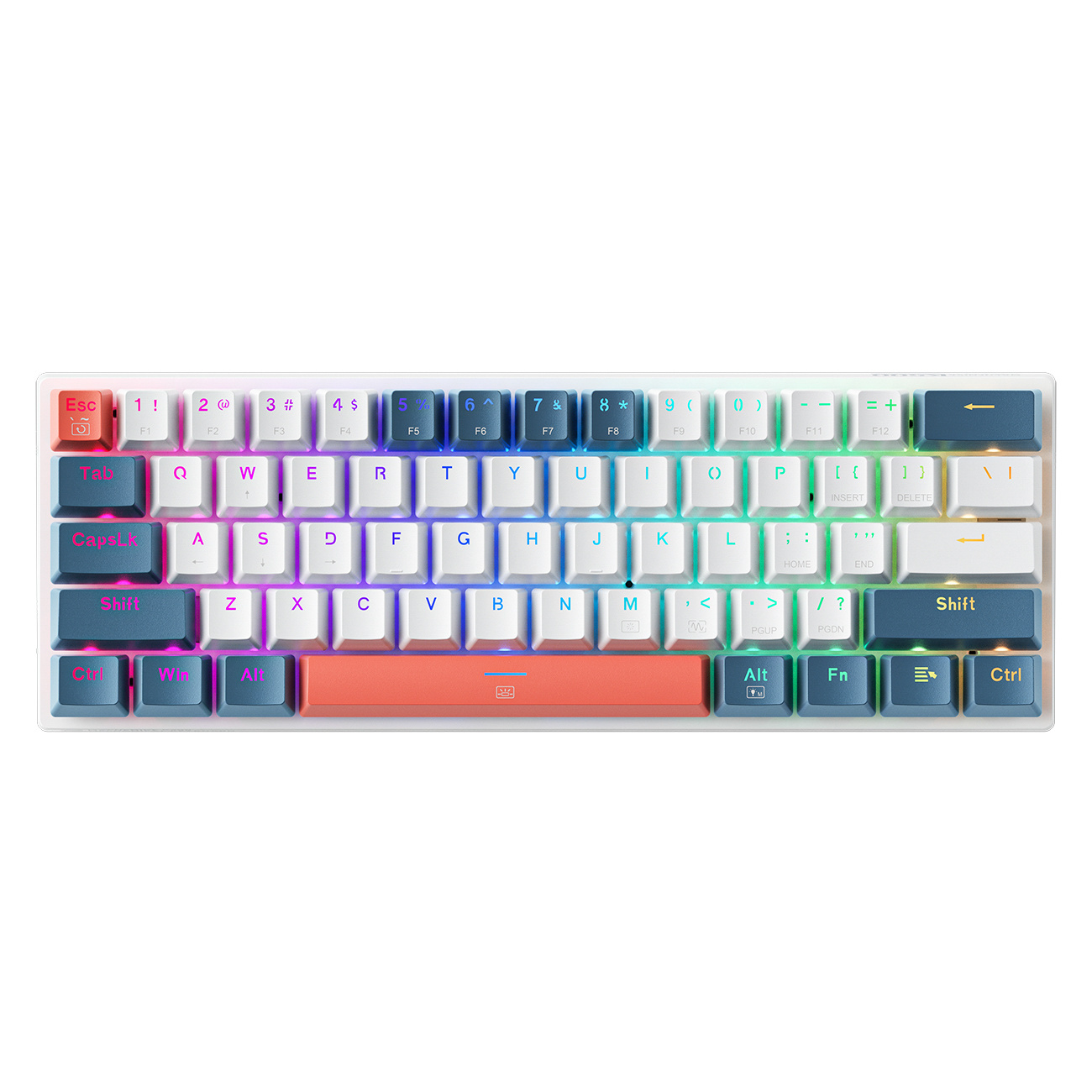 Biała klawiatura mechaniczna z oświetleniem RGB i kolorowymi klawiszami.