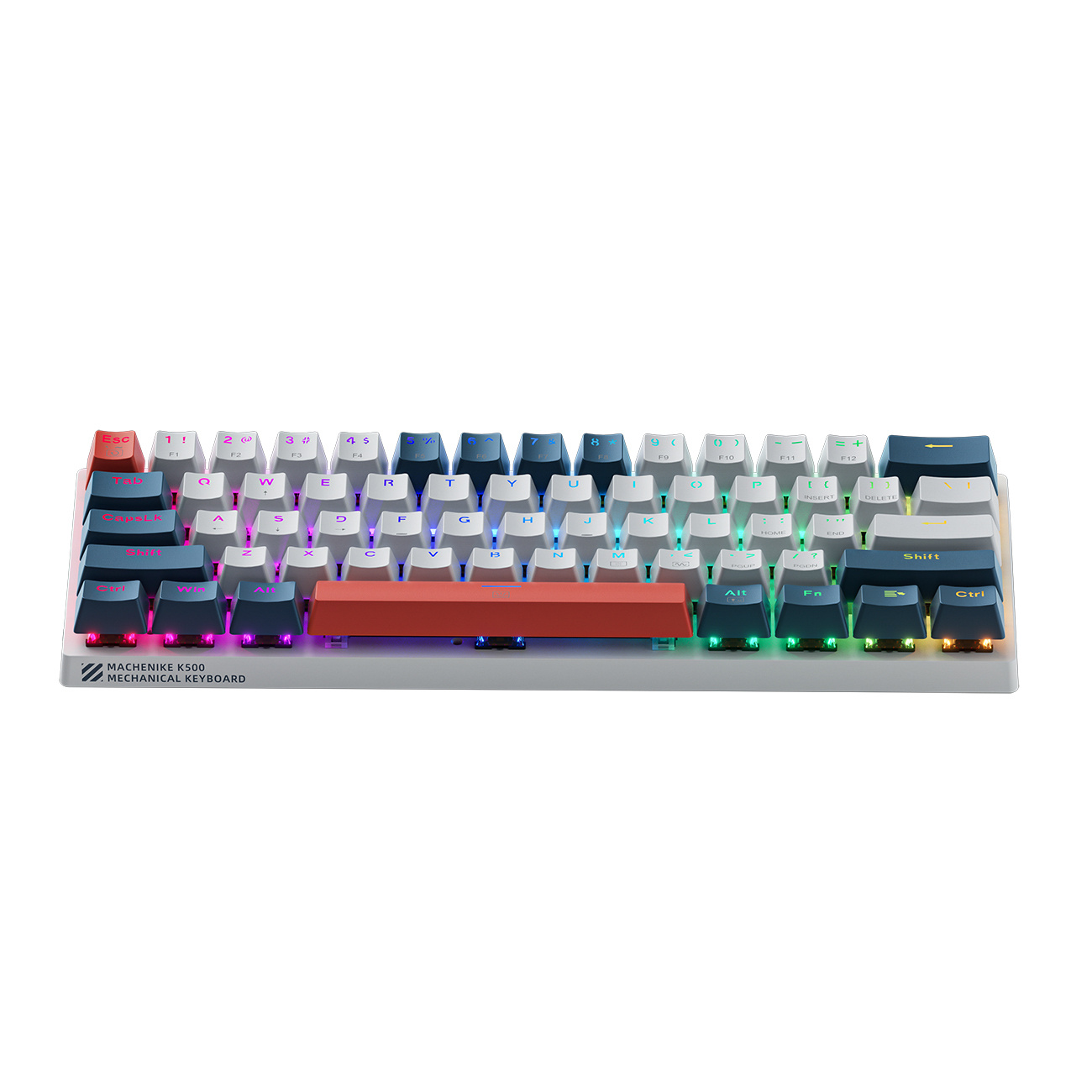 Biała klawiatura mechaniczna z podświetleniem RGB i czerwonymi klawiszami akcentującymi.