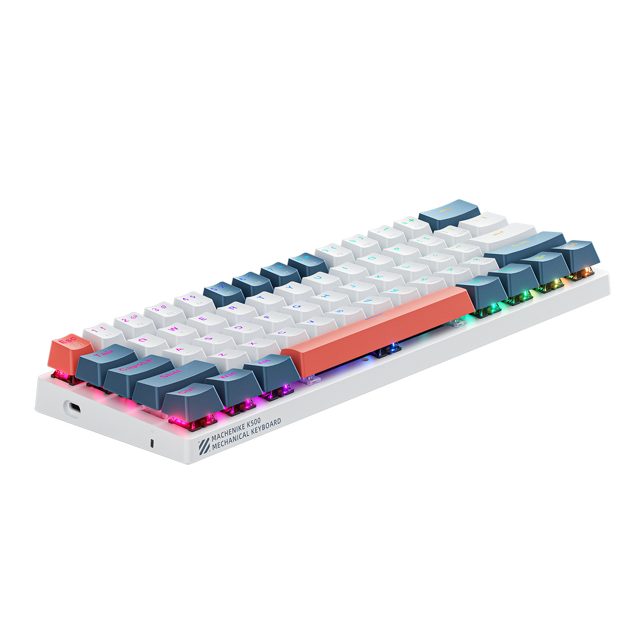 Biała klawiatura mechaniczna z czerwonymi, niebieskimi i szarymi klawiszami, podświetleniem RGB.