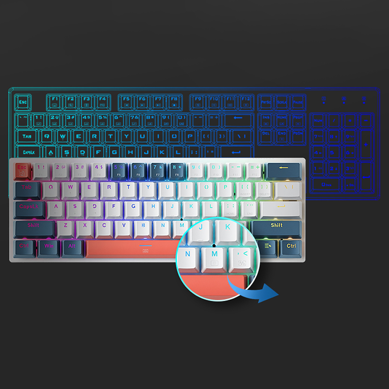 Klawiatura mechaniczna z podświetleniem RGB, zbliżenie na klawisze N, M, J, K.
