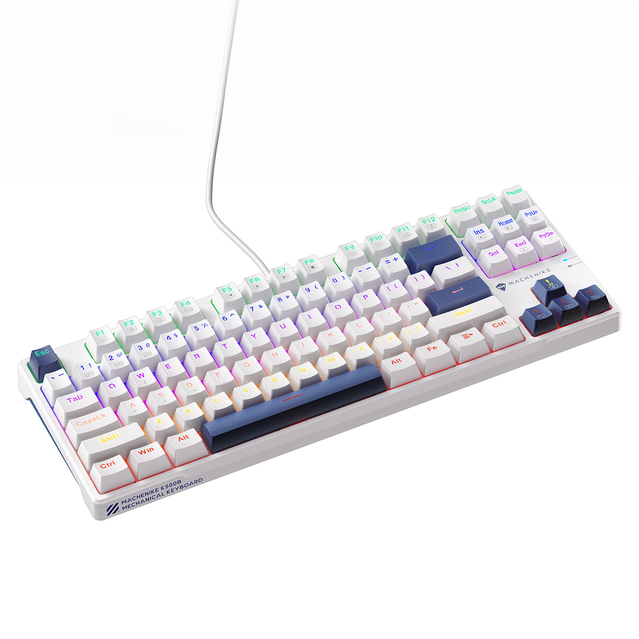 Biała klawiatura mechaniczna MACHENIKE K500B z podświetleniem RGB i niebieskimi akcentami.
