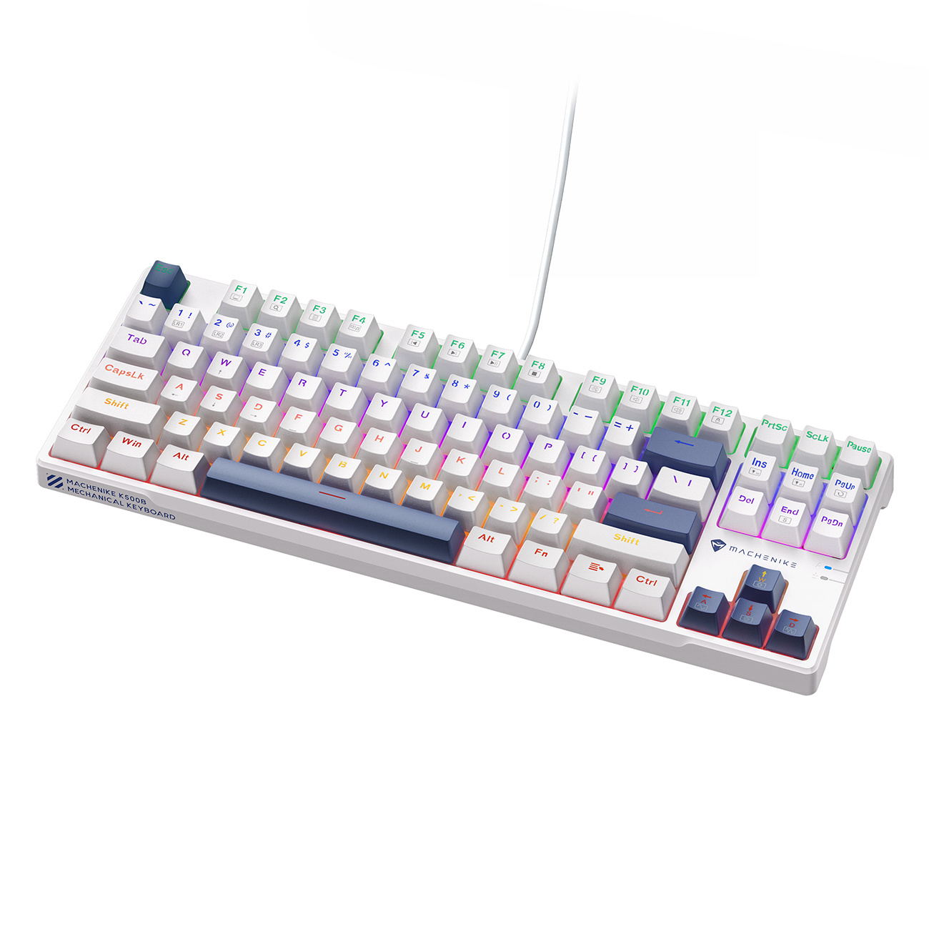 Biała klawiatura mechaniczna z kolorowym podświetleniem RGB i niebieskimi klawiszami akcentującymi.