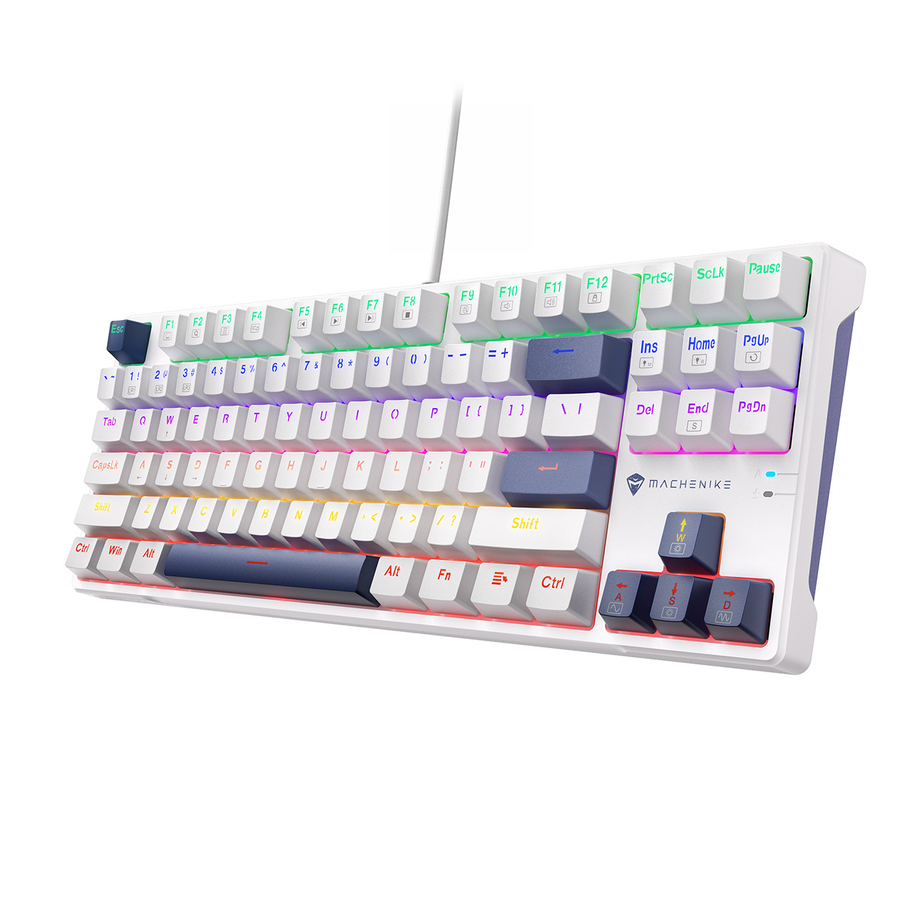 Biała klawiatura mechaniczna z niebieskimi i szarymi klawiszami oraz podświetleniem RGB.