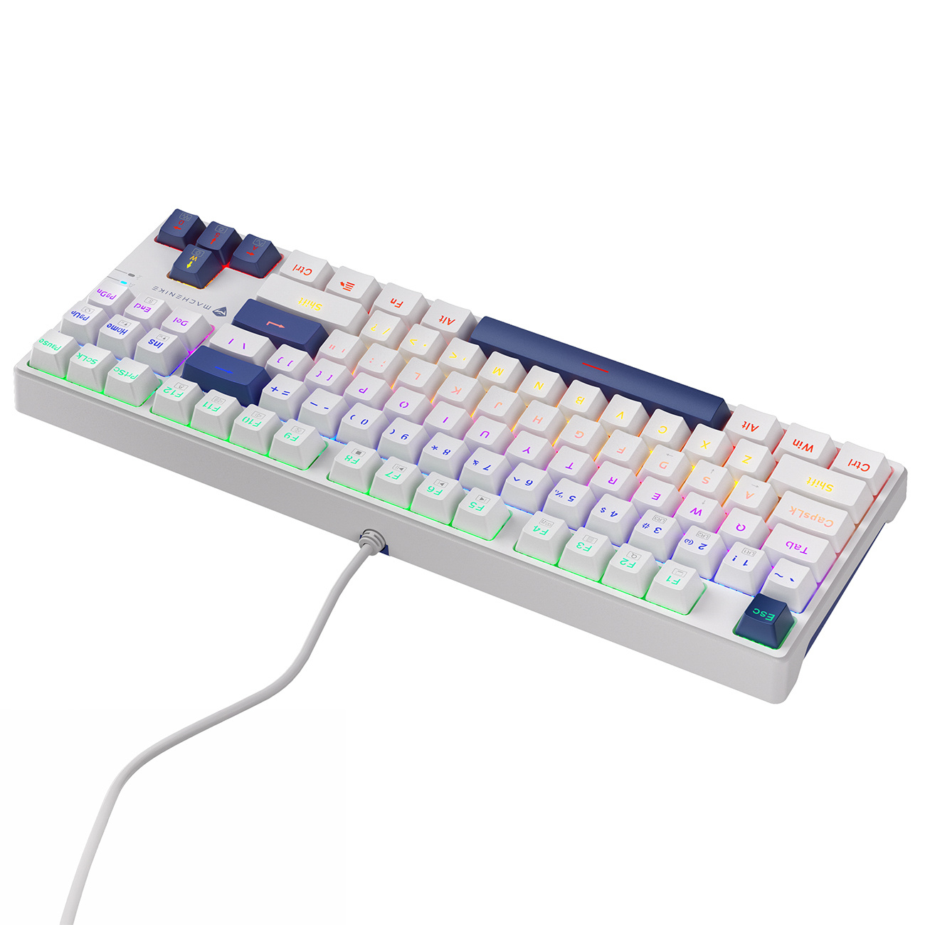Biała klawiatura mechaniczna z podświetleniem RGB i białym kablem.